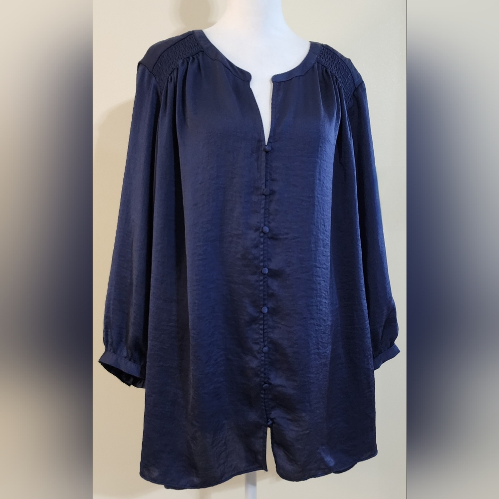 Rose + Olive Women's Navy Blue Faux Button Front Blouse 3/4 Sleeve 3X